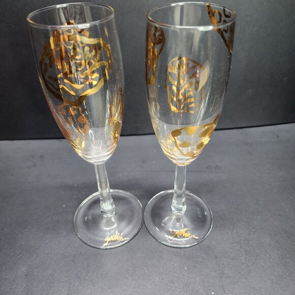 Vintage Champagne Toasting Flutes Painted in Gold 7.75'' Tall - Set Of 2 - Picture 3 of 7